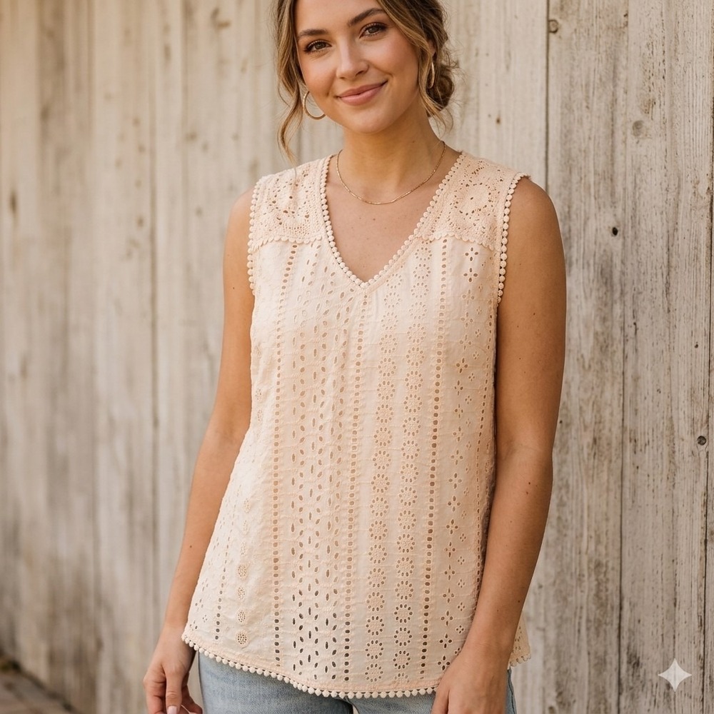 Joie L Peach Eyelet Crochet‎ Lace V-Neck Sleeveless Cotton Blouse Top Romantic